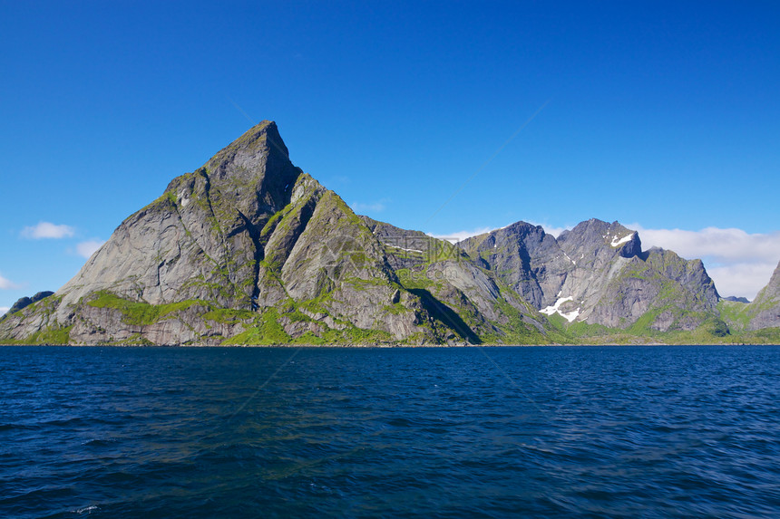 挪威风景全景海岸悬崖蓝色山脉海洋晴天山峰海岸线图片