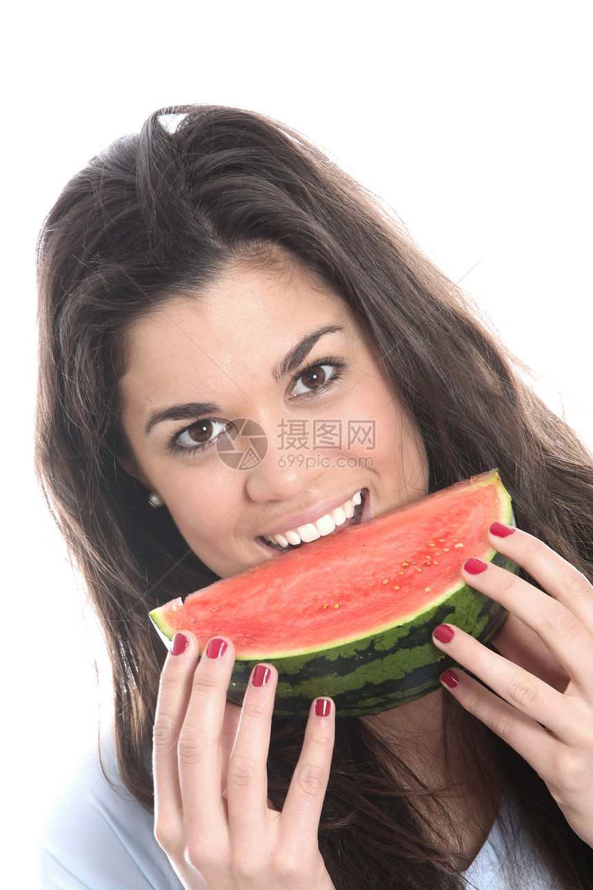 女青年食用水面环球吸引力女士头发水果白色图片