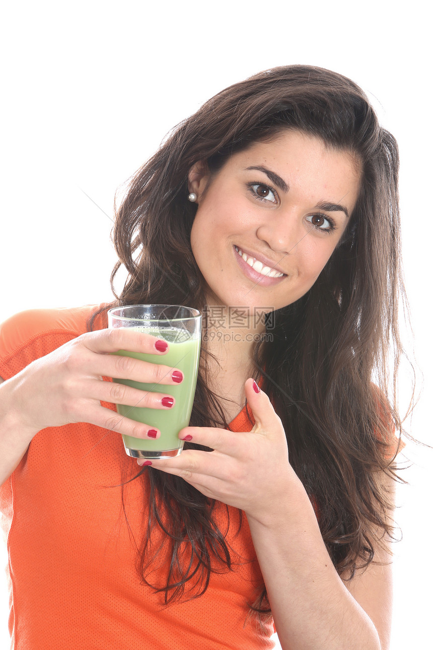女青年饮料苹果和Asparagus果汁头发水果女士白色吸引力图片