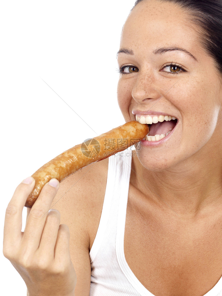 女青年食用香肠图片
