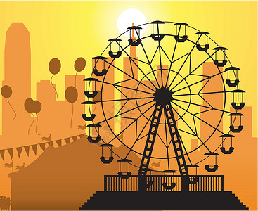 橙子摩天轮城市和游乐园的矢量轮影摩天轮建筑学日落马戏团建筑车轮橙子太阳公园景观插画
