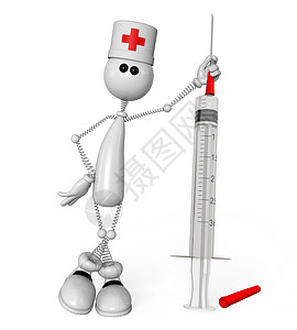 3D白人带了注射器的医用针筒护士帮助徽章漫画医生治疗药品创伤疫苗卡通片背景图片