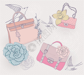 手提包海报时装袋插图 时装袋的背景 鲜花和鸟类 请柬或生日卡插画