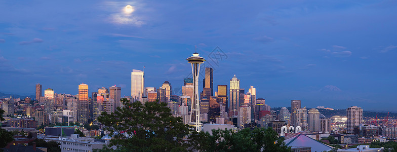 西雅图满月满月在西雅图上方 华盛顿天线全景背景