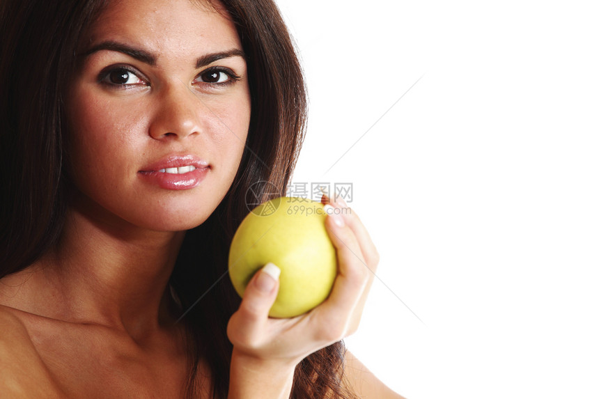 吃苹果喜悦女性生活成人水果牙齿营养金发女郎头发微笑图片