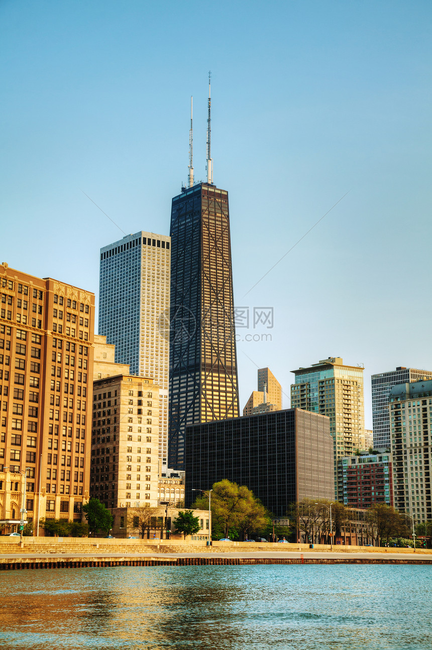 芝加哥市中心 早上IL建筑海岸线天际城市市中心建筑学景观天空摩天大楼旅行图片