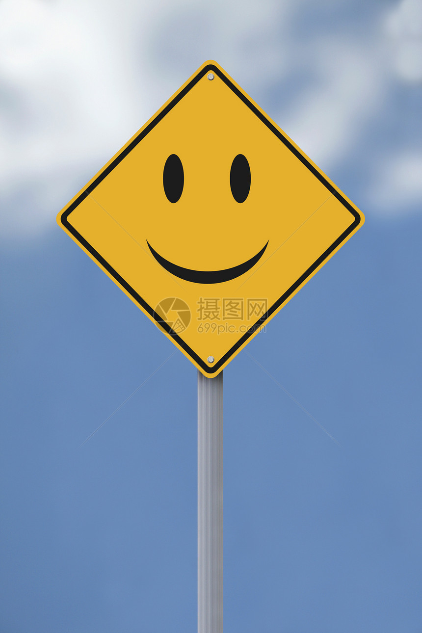 欢乐节即将到来标志微笑钻石天空喜悦路标交通概念幸福黄色图片