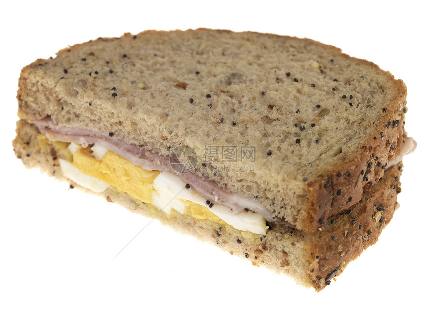 鸡蛋和火腿三明治棕色午餐面包小吃食物播种白色图片