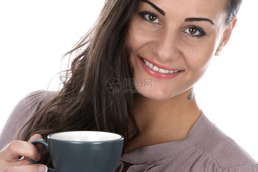 女青年喝杯茶头发白色饮料咖啡女士图片