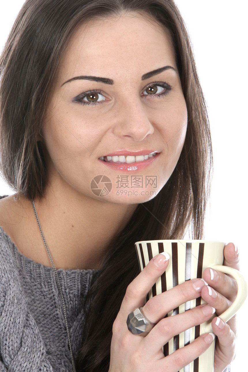 妇女喝咖啡的焦糖头发女士微笑咖啡白色图片