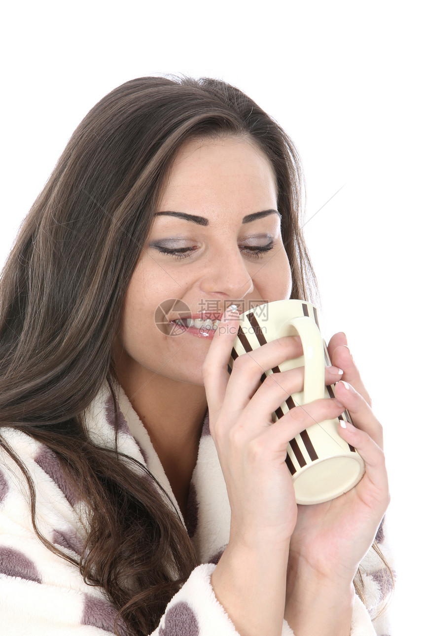 妇女喝咖啡的焦糖微笑女士白色咖啡头发图片