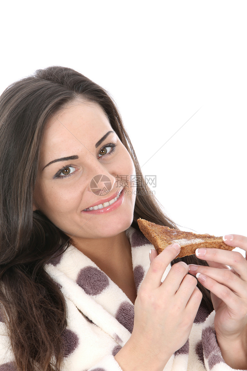 妇女食用吐司棕色微笑头发面包白色女士图片