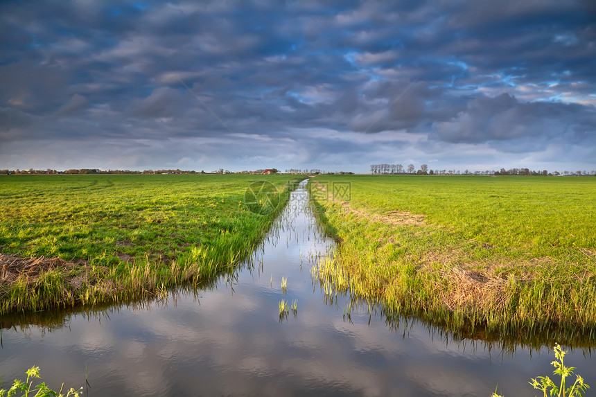 荷兰农田的运河 有反光天空图片