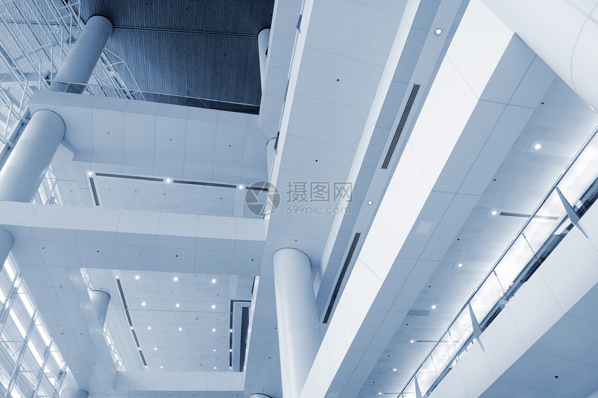 现代建筑的内部内部公司大厅蓝色门厅大堂天花板地面技术商业窗户图片