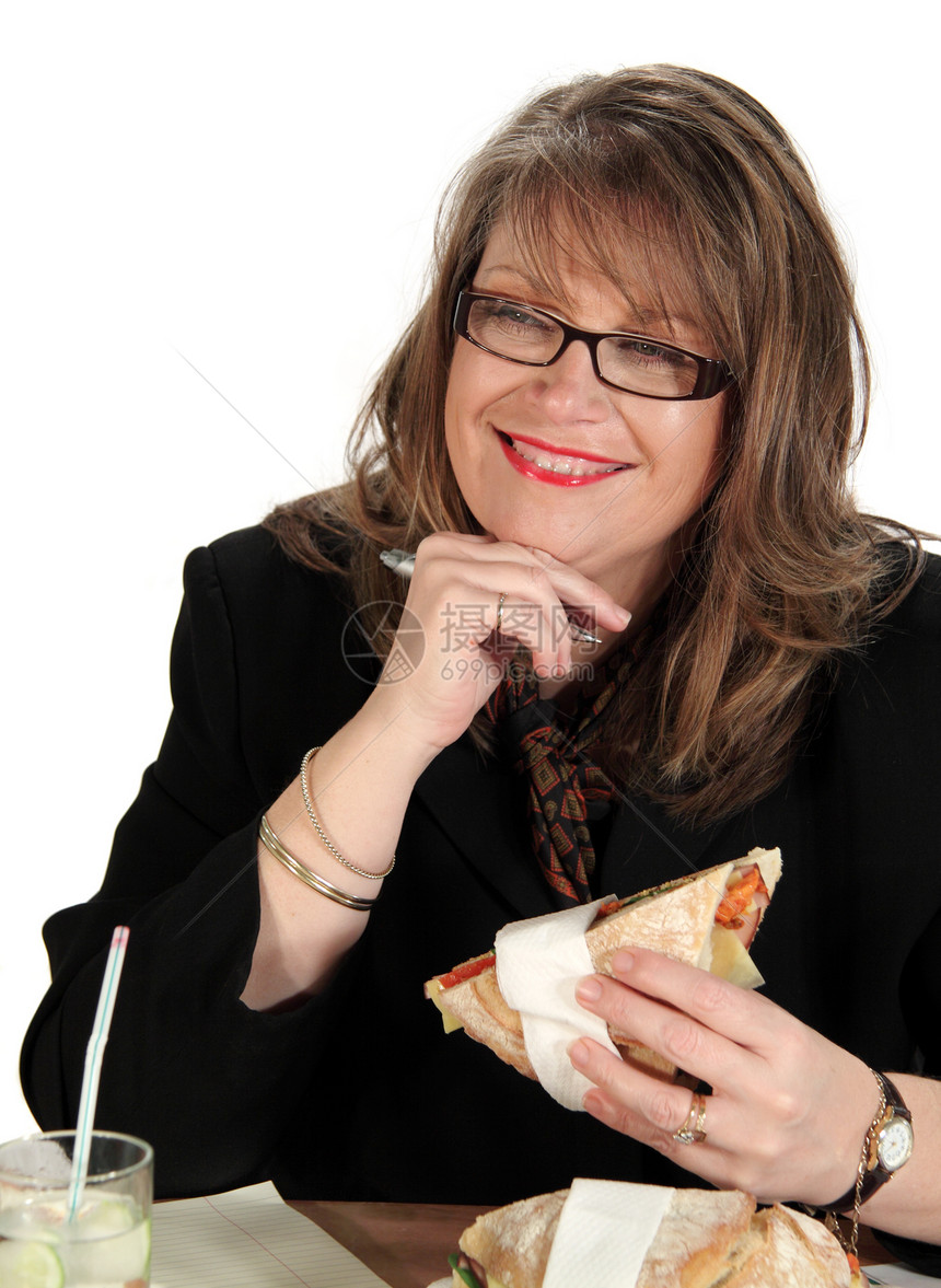 女商务人士午餐午餐套装围巾商业沙拉卷雇主商务中年午饭微笑经理图片