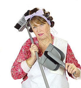 家庭主妇吸引力家常家庭工人古板女士母亲扫帚畚箕土气围裙背景