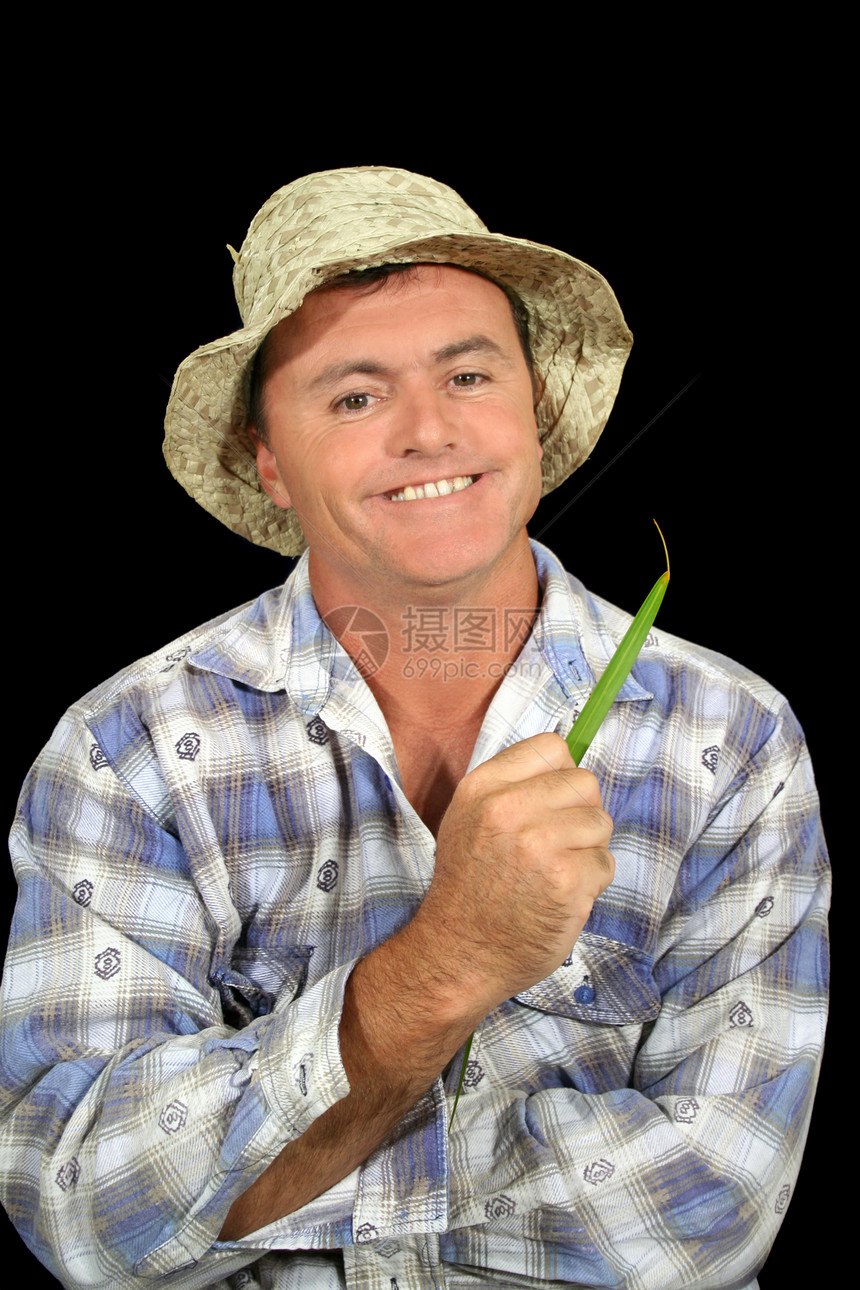 快乐农民男性中年公民雇农娱乐草叶国家帽子牧场主衬衫图片