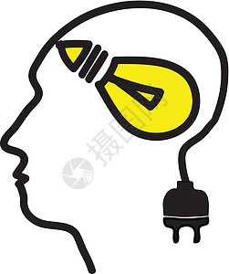 角质插头有灯泡符号和插头的头想像力专家男人天才头脑创造力智力商业照明创新设计图片