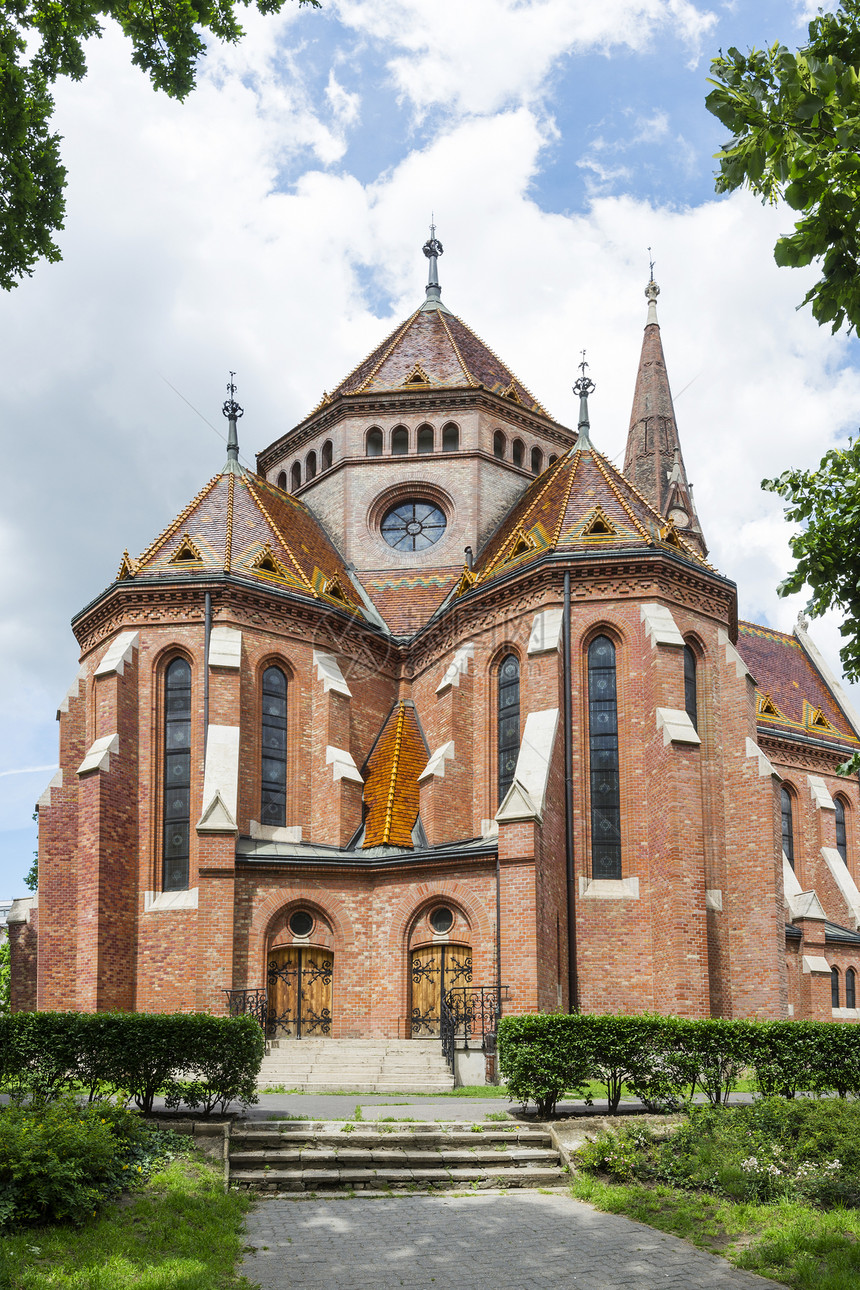 Buda 改革教会 布达佩斯窗户彩色橙子平铺天空教堂红色大教堂玻璃马赛克图片