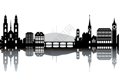 苏黎世瑞士苏黎世天线旅行地平线建筑白色天际城市景观反射旅游全景插画
