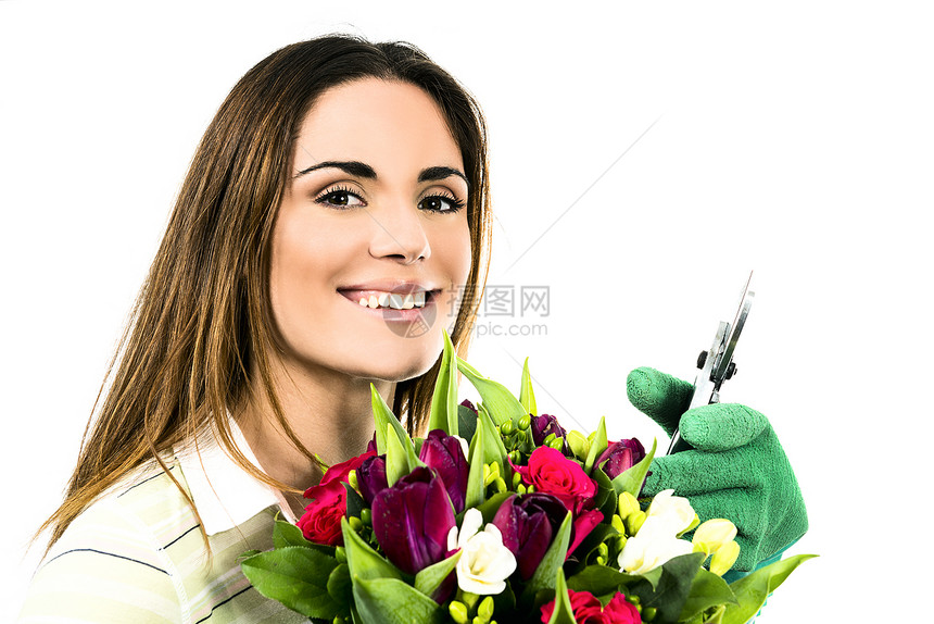 带花的女工园丁女孩花园植物女士种植商业微笑植物学工人图片