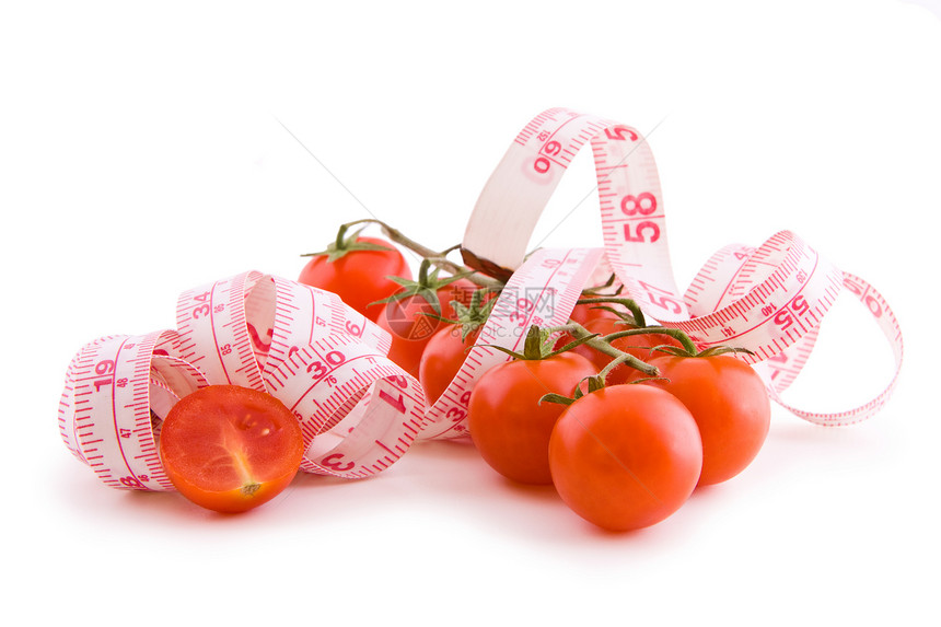 番茄和裁制胶带营养食物粉色蔬菜链接厘米白色裁缝带红色植物图片