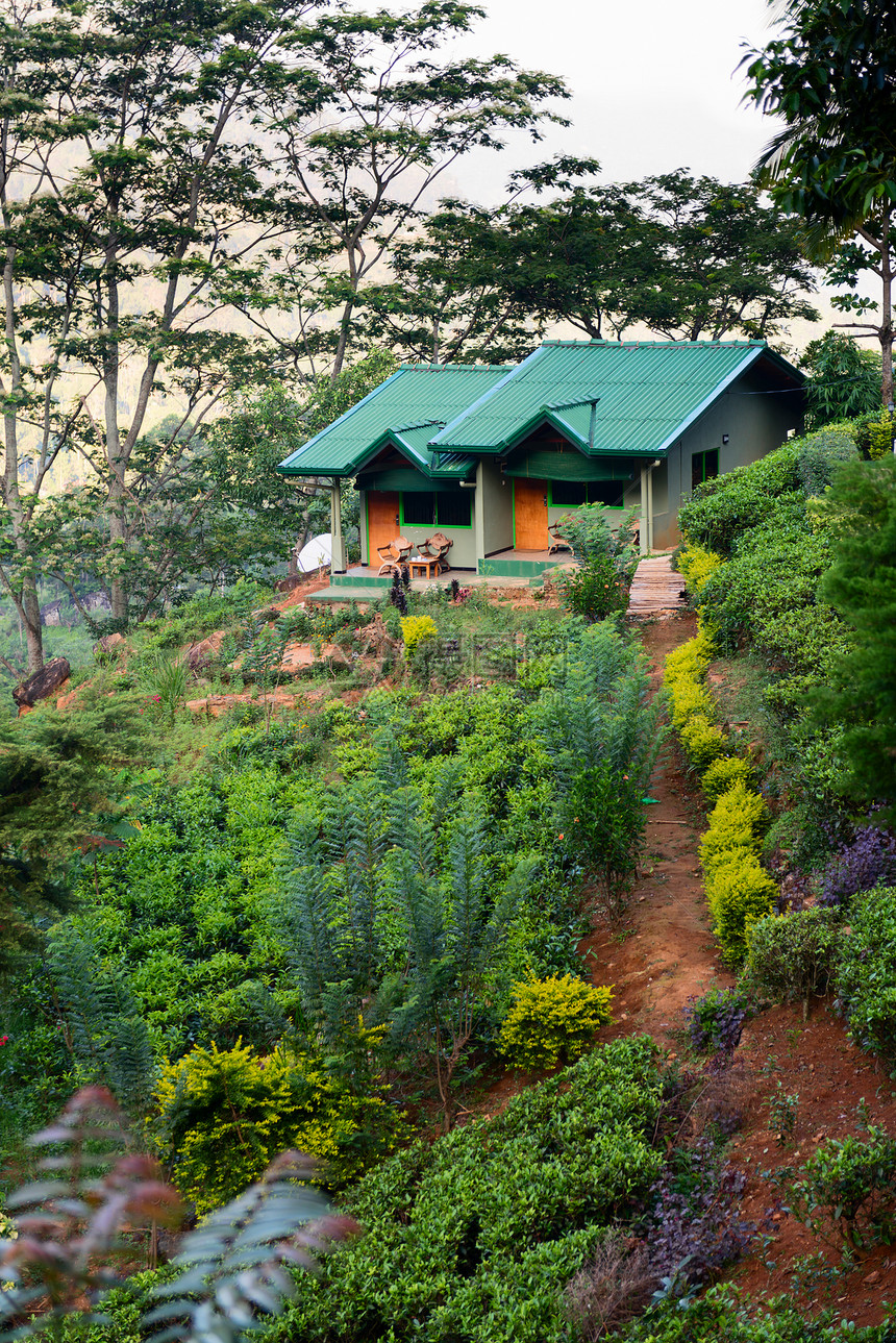 山上一座绿色山上的小房子小屋旅游建筑学蓝色房子财产花园爬坡天空旅行图片