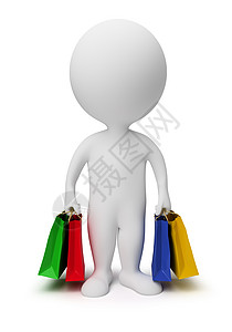 3d小人口     携带购物袋顾客礼物白色绿色贸易黄色购物下载红色蓝色背景图片