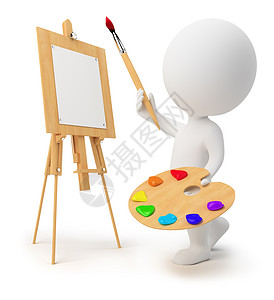 3d 小人画家闲暇艺术绘画白色艺术家刷子画架调色板插图活动背景图片