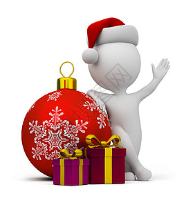 3个小人 圣诞老人带礼物和圣诞舞会插图男人帽子展示灰色红色白色背景图片