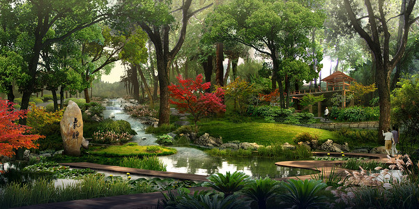 3D 景观可视化公园灌木规划树木渲染居住植物背景图片