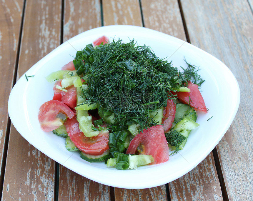 蔬菜沙拉在花园桌上的白盘子里红色桌子胡椒绿色辣椒洋葱盘子白色木头图片