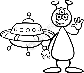 有 ufo 外星色彩书卡通片黑与白飞船快乐科幻飞碟飞行火星染色黑色背景图片