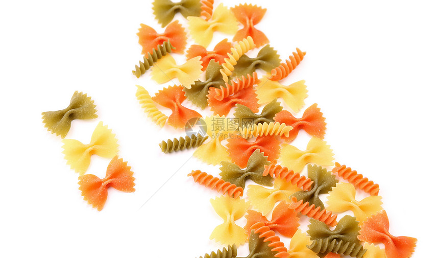 三种颜色的不同面条橙子框架食物三色螺旋饺子绿色派对营养品黄色图片