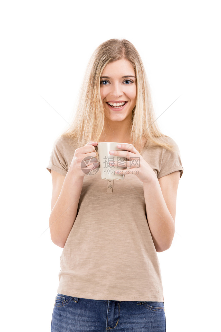 美女 喝咖啡的美女人微笑白色青少年幸福成人杯子快乐乐趣金发女郎工作室图片