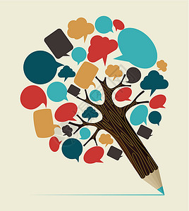 社交媒体概念铅笔树气泡草图演讲知识学习团体植物网络树干讨论背景图片