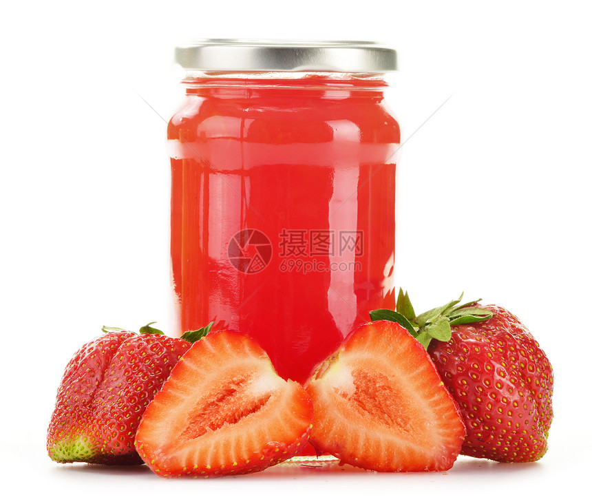 在白色背景中被隔离的草莓果酱罐购物产品玻璃水果杂货店厨房早餐图片