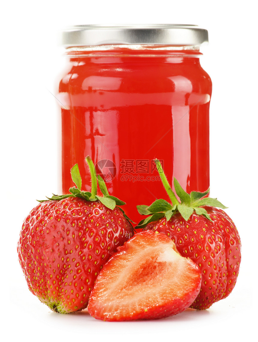 在白色背景中被隔离的草莓果酱罐厨房杂货店早餐购物玻璃产品水果图片