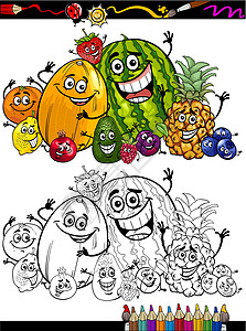 涂色素材水果彩色书的卡通水果组菠萝吉祥物卡通片水果填色本收藏西瓜石榴插图覆盆子设计图片