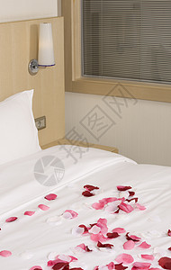 带有大床和红花的旅馆客房白色红色房间卧室住宅毯子奢华枕头花朵房子背景图片