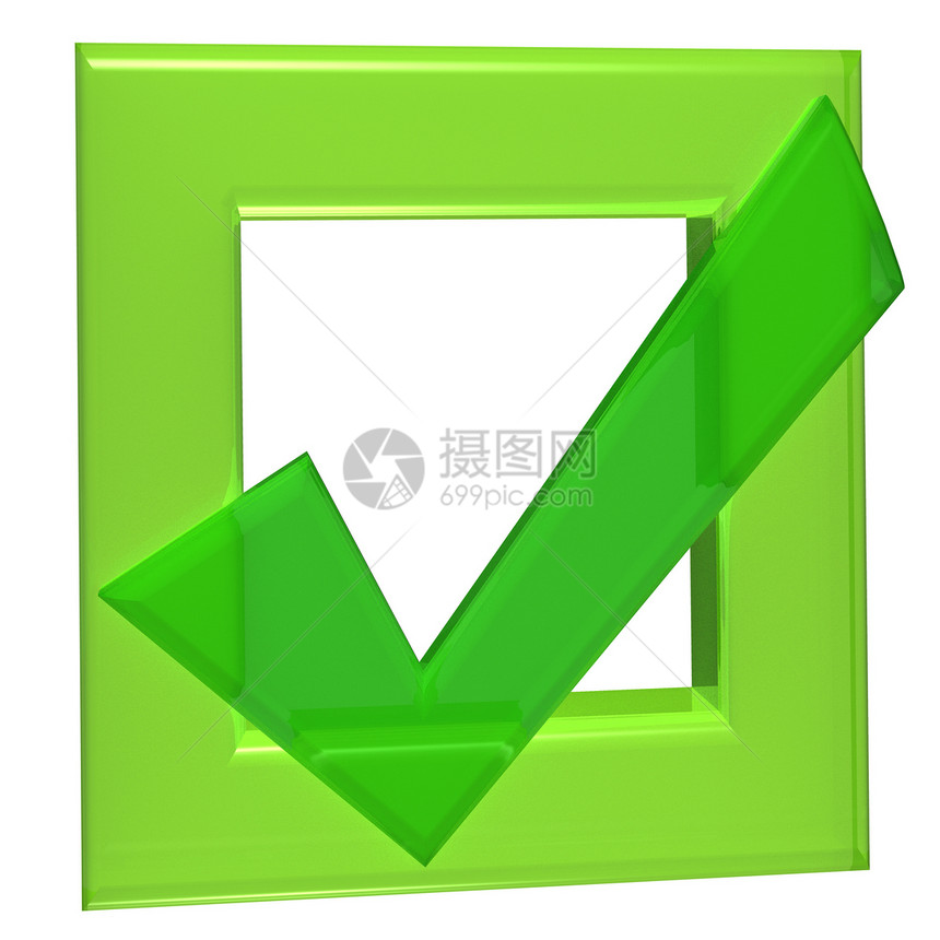 绿色复选框标记 3D渲染插图正方形解决方案框架白色商业图片
