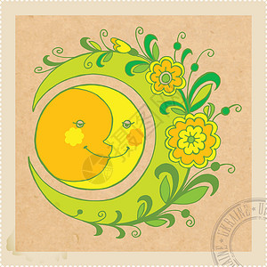 旧邮票邮件晨星邮政艺术卡通片叶子卡片月亮民间太阳高清图片