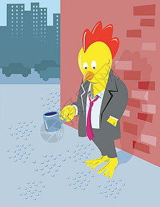 公办工人乞讨养鸡的无业小鸡街道人行道卡通片插图员工动物上班族失业城市插画
