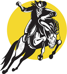 牛仔竞技表演牛仔骑着斗牛的野马插图表演骑术跳跃骑士马术木刻动物插画