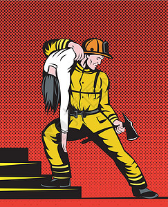 消防楼梯消防消防员 携带救护妇女的妇女女孩斧头插图职业女士工人男性消防员脚步男人插画