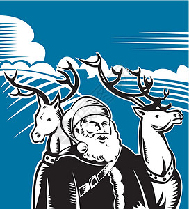 圣诞老人和有驯鹿的圣诞老人插图男人木刻男性手臂农场动物场地背景图片