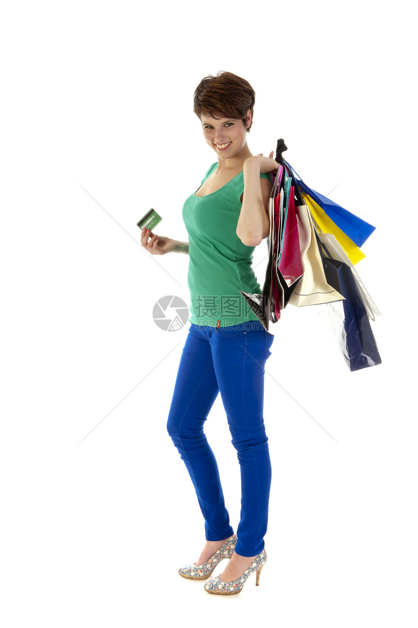 购物学生信用卡片信用卡喜悦消费者女性快乐购物袋销售图片