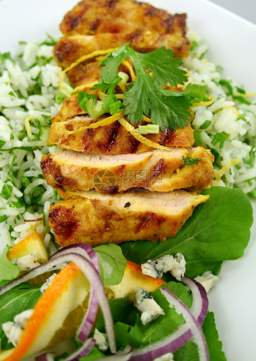 Tikka小鸡香菜营养沙拉青菜用餐味道午餐草药烹饪洋葱图片