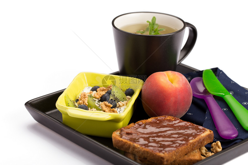 健康早餐小吃食物自助餐玉米片杯子薄荷盘子饮食养分水果图片
