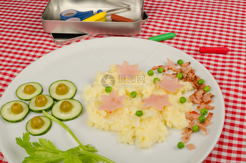 Kid 菜单服务水平营养蔬菜美食熏肉装饰盘子孩子们童年图片